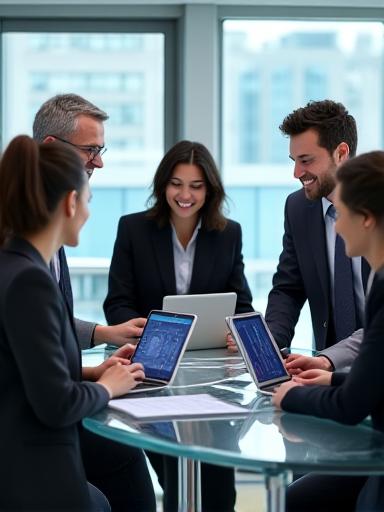 Team of professionals interacting in a modern boardroom